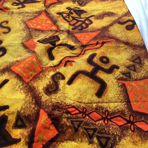 Ethnic Print Fabric 70's Colors Orange Yellow Brown 2 yds x 44" Pictographs - Picture 4 of 6